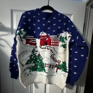 Vintage Lady Footlocker Christmas Sweater – Snow Scene Knit – Size L